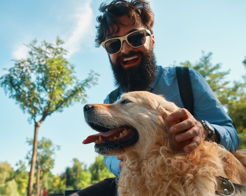 guy with dog A bearded man wearing sunglasses smiles while holding a curly-haired dog outdoors in a sunny park, with trees and blue sky in the background.